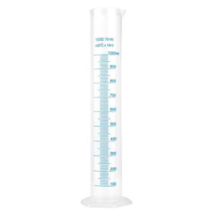 Cylinder, graduated, with spout, plastic base and safety guard, amber stain graduation, low expantion 3.3 borosilicate glass
