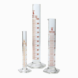 Cylinder, graduated, with hexagonal base and spout amber stain graduation, Class 'A' (with certificate), made of low expansion 3.3 borosilicate glass