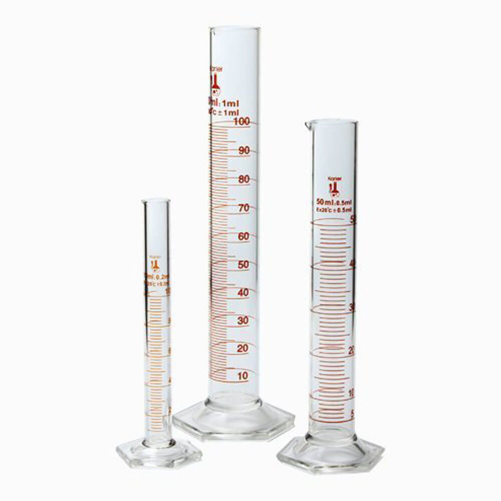 Cylinder, graduated, with hexagonal base and spout amber stain graduation, Class 'A' (with certificate), made of low expansion 3.3 borosilicate glass
