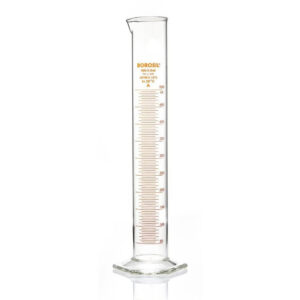 Cylinder, graduated, with round base and spout, amber stain graduation Class 'A' (with certificate), with I/C stopper, made of low expansion 3.3 borosilicate glass