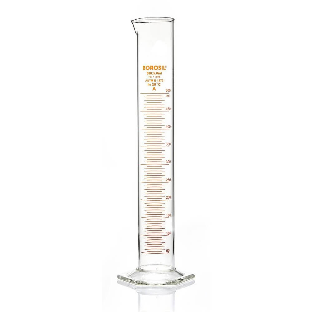 Cylinder, graduated, with round base and spout, amber stain graduation Class 'A' (with certificate), with I/C stopper, made of low expansion 3.3 borosilicate glass