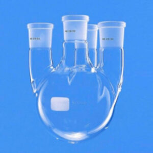Flask, boiling, round bottom, three necks, centre and two parallel side necks, IC joint, made of low expansion 3.3 borosilicate glass
