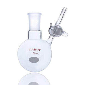 Flask, boiling, round bottom, two nacks, centre and one parallel side neck, I/C joint, made of low expansion 3.3 borosilicate glass